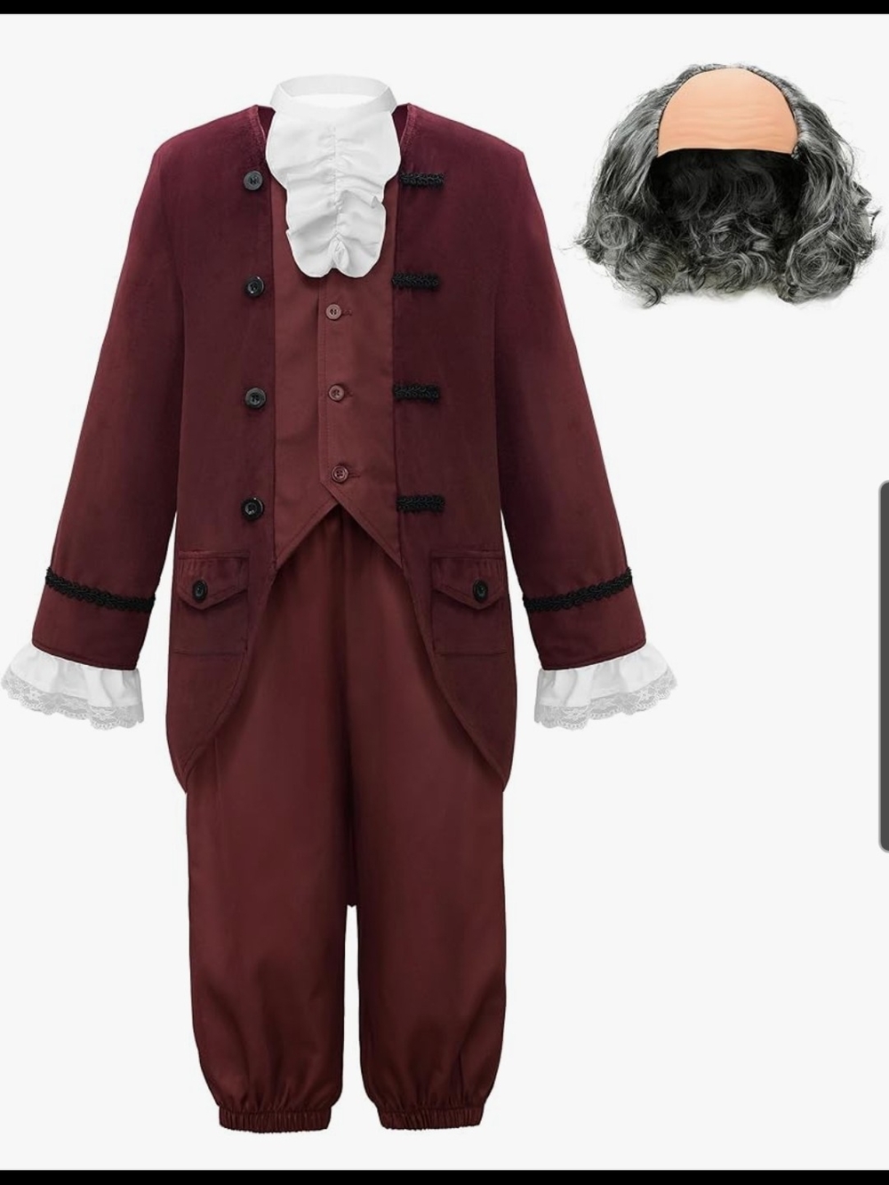 Burgundy Colonial Ben Franklin Kids Costume with Wig